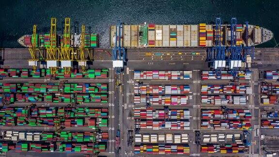 远海国际集装箱货轮进出口业务物流运输中集装箱货轮4K时间推移鸟瞰图