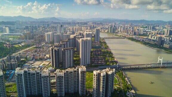 中国艳阳天珠海城著名居住街区滨江航拍全景4k时间推移