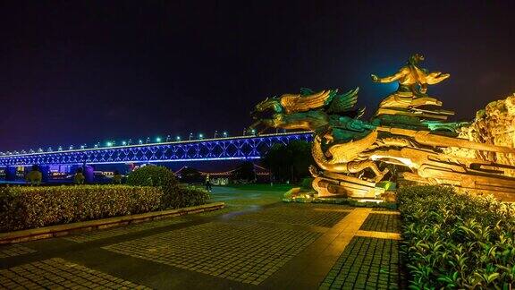 夜光武汉滨江纪念塔大禹神花桥全景4k时间流逝中国