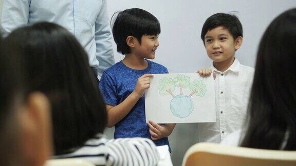 亚洲学生志愿者为拯救世界展示图画教育、环境、生态理念