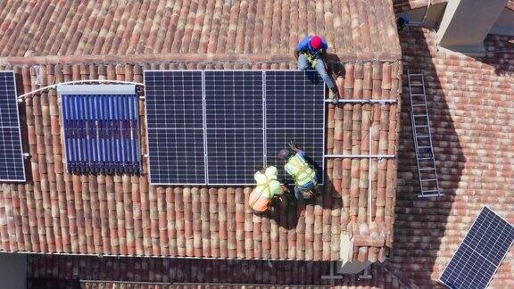 太阳能电池板安装在屋顶上的4k无人机镜头