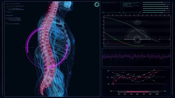 未来实验室屏幕与动画人体模型扫描虚拟病人的损伤红点棘
