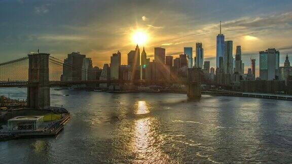 日落布鲁克林桥纽约城市景观时间流逝