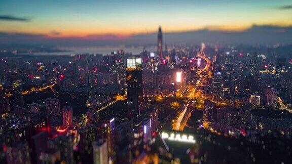 夜光深圳城市景观市中心KK100建筑航拍全景4k倾斜移位时间推移中国