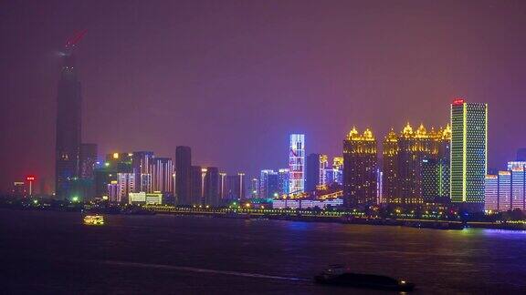 夜光照亮武汉滨江巨厦湾全景4k时间流逝中国