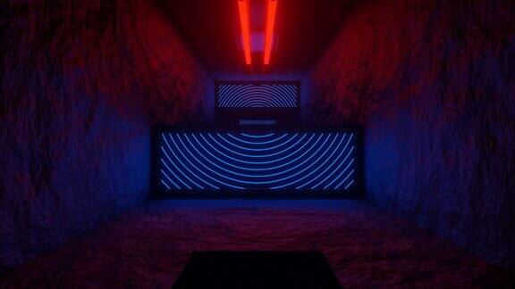 红色和蓝色霓虹灯辉光方形镜子隧道背景VJ环路在4K