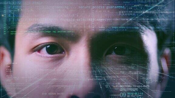 AI技术与未来生活方式亚洲商人眼睛特写与未来的云数据网络空间计算机编码背景商业金融投资和数字技术数据分析概念