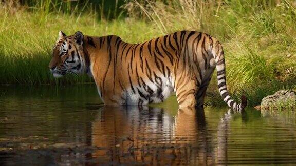 老虎站在森林里的一个池塘里喝水