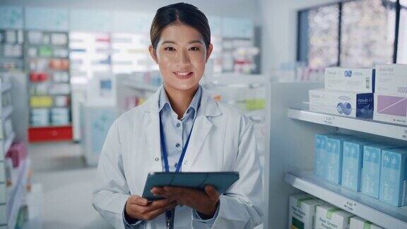 药店:美丽的亚洲药剂师使用数字平板电脑的肖像看着相机和迷人的微笑在她摆满药包的货架后面中等的特写镜头