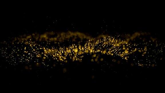 4K运动抽象粒子金色尘埃与星星在黑色背景背景金色移动无缝循环