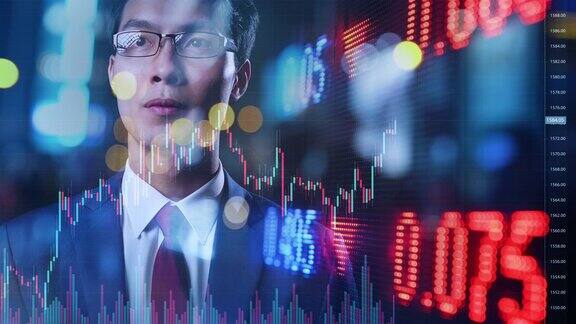 聪明的亚洲商人键入金融数据未来股票图表图形商业投资者股票交易所市场和加密货币数字技术的想法背景