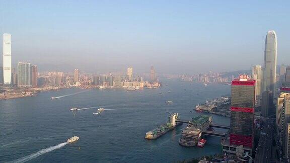 日落光香港城市维多利亚港交通空中全景4k中国