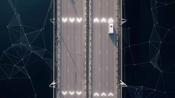 无人驾驶或自动驾驶汽车的4k鸟瞰图经过高速公路的车辆车牌号、限速、身份证号码显示未来的交通工具人工智能自己开车