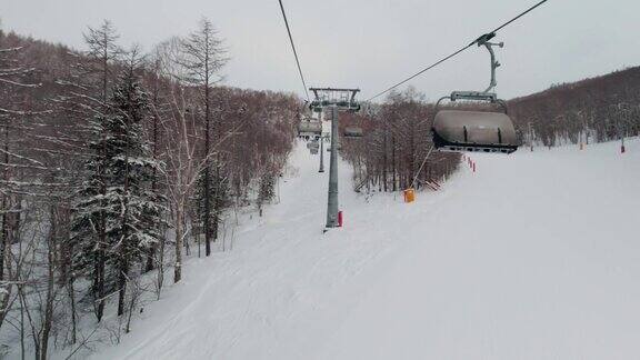 在被雪覆盖的松树之间的山坡上乘坐滑雪缆车观点寒假