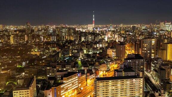 延时:鸟瞰图的东京天空树和城市景观从文京岛