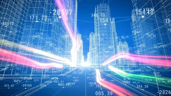 数字与网格的抽象数字城市通过3d蓝图移动商业和技术概念蓝色3d动画