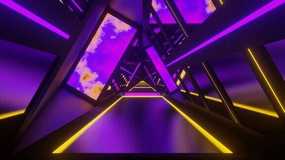 紫色和黄色发光屏幕三角形隧道背景VJ回路在4K