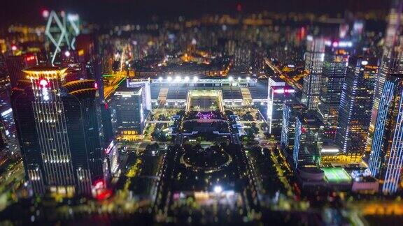 夜景时间照亮深圳著名展览中心航拍全景4k倾斜平移时间推移中国