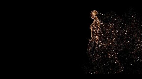 金色的数字女性身体行走在黑色的背景留下一缕金色的颗粒我们看到她完整的成长