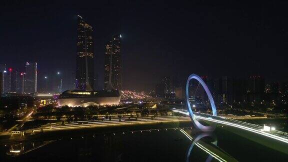 夜光南京国际青年文化中心人行滨江大桥航拍全景4k中国