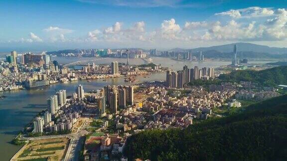 中国阳光日落珠海湾澳门观航拍全景