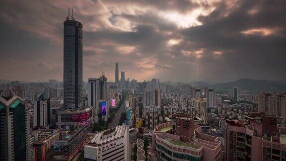 中国日落日出多云的天空深圳城市全景4k时间流逝