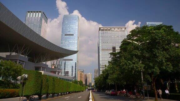 阳光明媚的一天深圳城市交通街道市民中心慢镜头全景4k中国