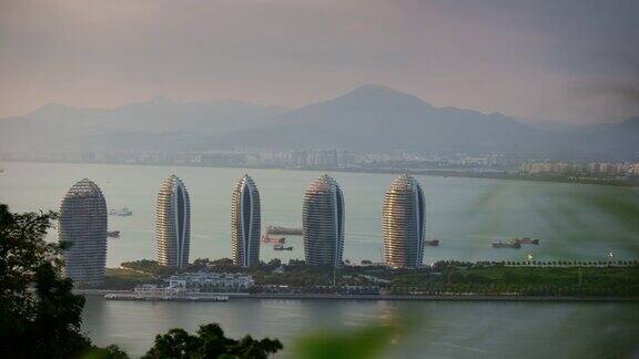 日落时间三亚公园顶级著名的酒店综合体全景4k时间中国海南岛