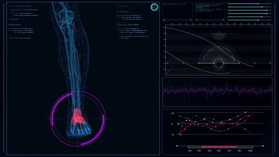 未来实验室内部屏幕与人体模型扫描虚拟病人足部损伤
