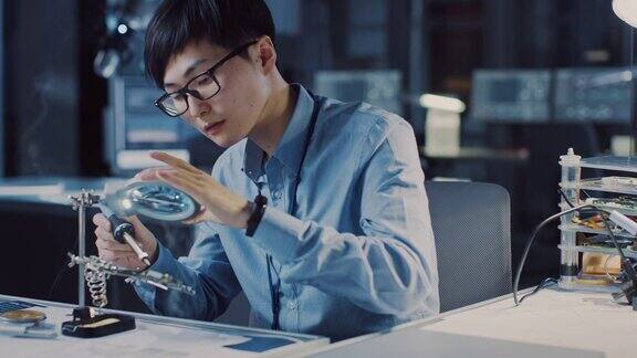 英俊的日本开发工程师在蓝色衬衫焊接电路板在高科技研究实验室与现代计算机设备