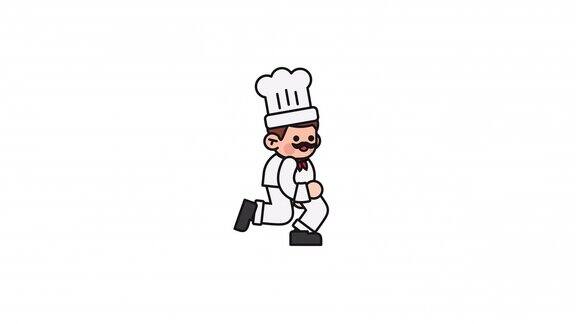 卡通人物厨师在白色制服和面包师帽奔跑