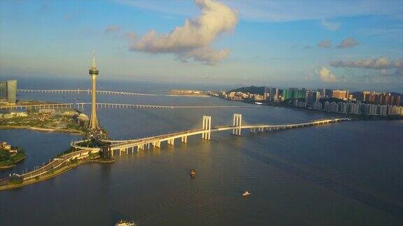 日落时分珠海澳门著名塔桥全景4k中国