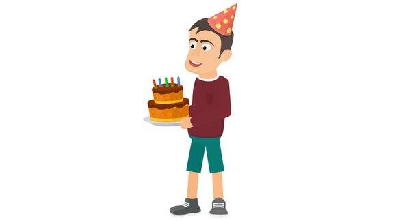 拿着生日蛋糕的男孩生日庆祝活动的动画卡通