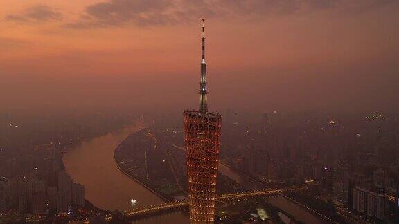 广州市市中心滨江日落灯光照明著名塔前顶空中全景4k中国
