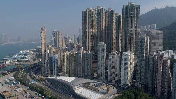 晴天香港著名坚尼地城游泳池航拍全景4k中国