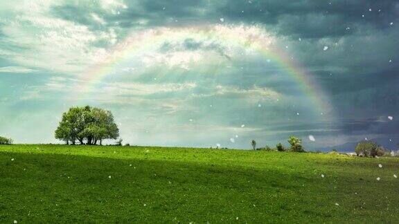 绿野上的树与阳光和彩虹