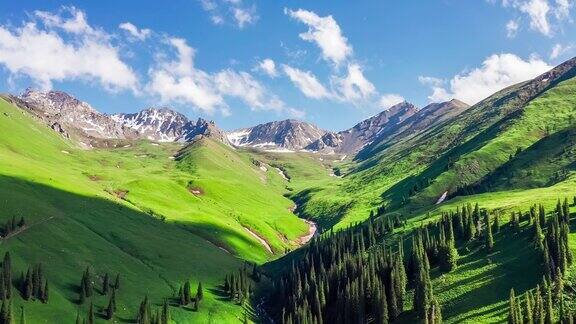航拍新疆的绿色草原和夏季山脉