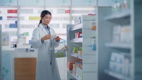 药店:美丽的亚洲药剂师做库存安排药品包装药品维生素保健产品在货架上药店专业药剂师
