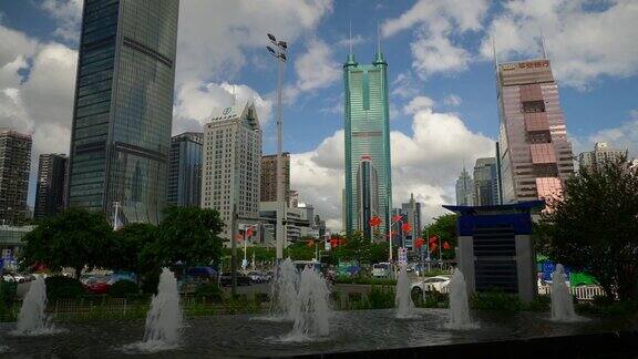 白天时间深圳市交通街道著名十字路口喷泉慢镜头全景4k中国