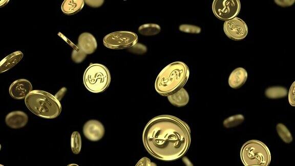 落在黑色背景上的美元符号的金币带有景深的循环3D动画动画有一个透明的背景