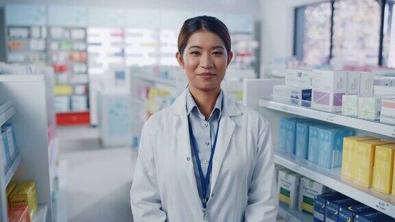 药店:美丽的亚洲药剂师的肖像穿着白大褂看着相机和迷人的微笑在她的摆满药包的货架后面中等的特写镜头