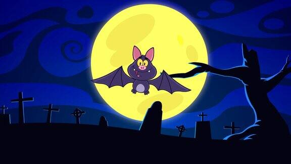 万圣节前夕快乐的吸血鬼蝙蝠卡通人物在墓地飞行