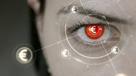 年轻的半机械人女性一眨眼睛欧元货币符号就出现了