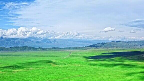 中国新疆绿色草原自然风光的航拍镜头