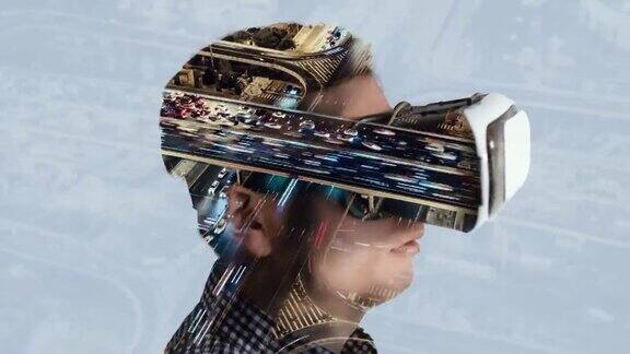 双重曝光的人佩戴虚拟现实头盔