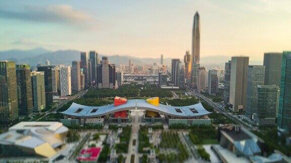 深圳城市风景日落天空市中心市政厅航拍全景4k倾斜移位时间推移中国