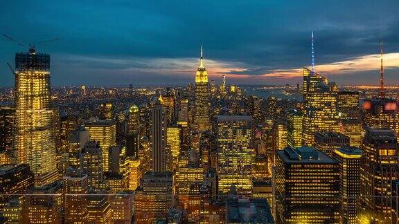 时间流逝俯视图的纽约城市景观在日落时间美国