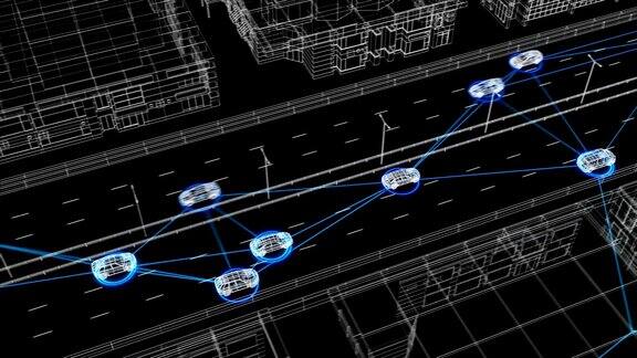 美丽的插图控制系统工作在抽象的高速公路交通连接所有汽车在数字网络无缝未来监控系统的循环3d动画