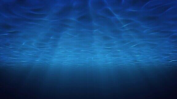 阳光从上面照射进来穿透了深蓝色的海水阳光在水下照射小气泡在水面下向上移动无缝循环3D动画4K