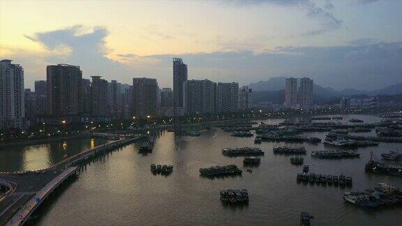 日落时间珠海市景海湾港口航拍全景4k中国